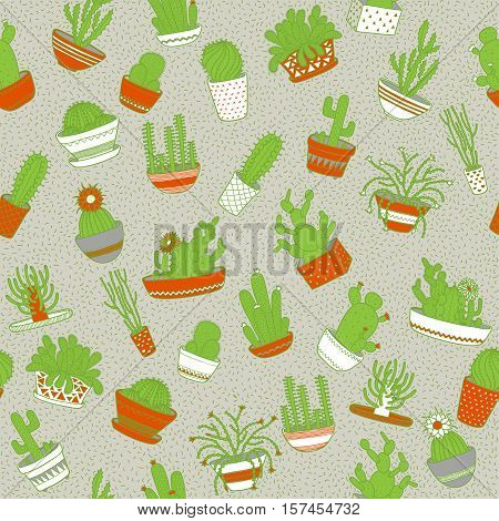 Cactus in a pot. Seamless background. Hand drawing. Vector illustration EPS10.