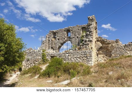 Crimea. Cave city Mangup Kale. The ruins of the palace and citadel.