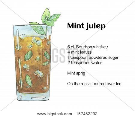 Hand Drawn Watercolor Cocktail Mint Julep On White Background