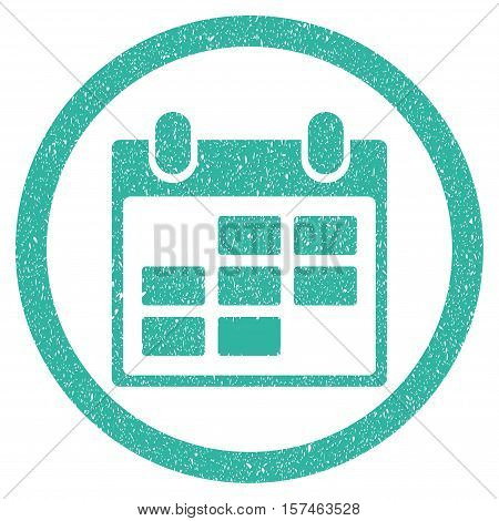Calendar grainy textured icon inside circle for overlay watermark stamps. Flat symbol with dirty texture. Circled dotted vector cyan ink rubber seal stamp with grunge design on a white background.