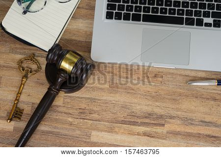 Workspace hero header with law gawel, top view, copy space on wooden table desktop
