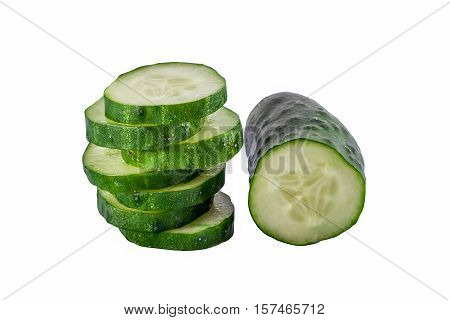 Half of cucumber and slices of cucumber on white background isolated