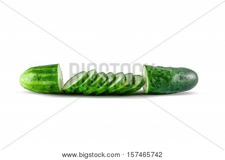 Fresh long sliced cucumber on white background