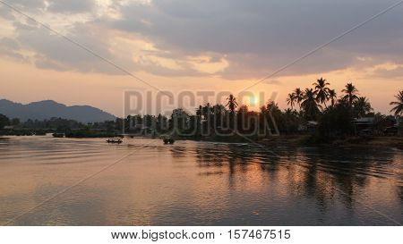 Sundown on Ban Khone village, Don Khone Island within the Mekong river, Laos, Asia
