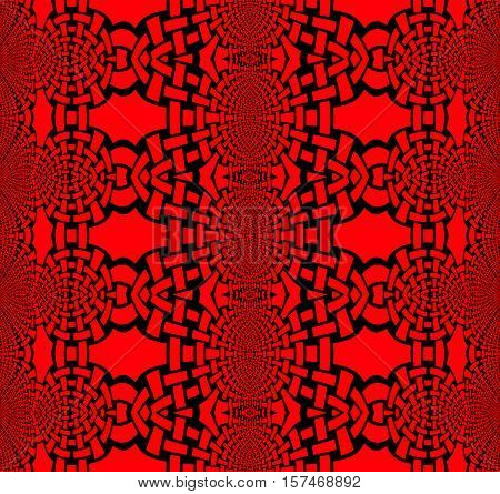 Abstract geometric seamless background. Regular ellipses ornaments deep red with black outlines, conspicuous and dominant.