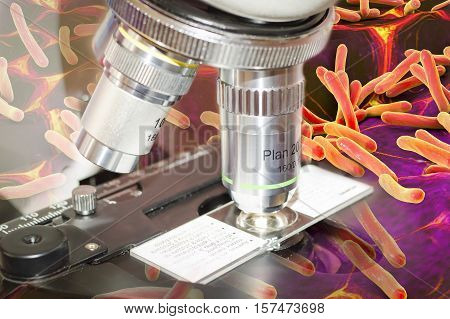 Laboratory microscope and blood flow, 3D illustration. Concept for research and laboratory diagnosis