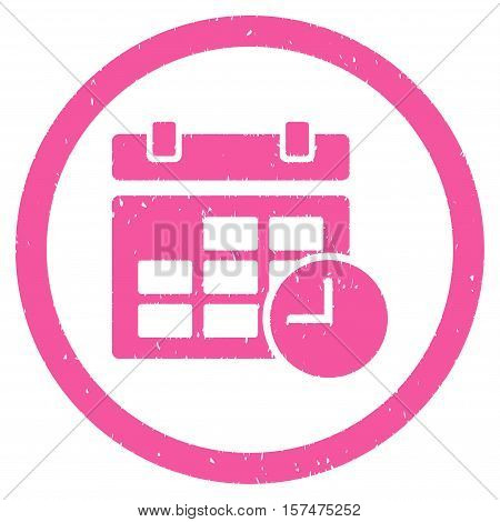 Date and Time grainy textured icon inside circle for overlay watermark stamps. Flat symbol with dirty texture.
