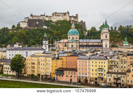 SALZBURG AUSTRIA - 17TH SEPTEMBER 2016: A high view of buildings in Salzburg Austria in the summer during an overcast day.