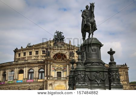 DRESDEN GERMANY - AUGUST 13 2016: View on Semperoper opera (Staatskapelle Dresden) at Theaterplatz building was designed by Gottfried Semper in Dresden State of Saxony Germany on August 13 2016.