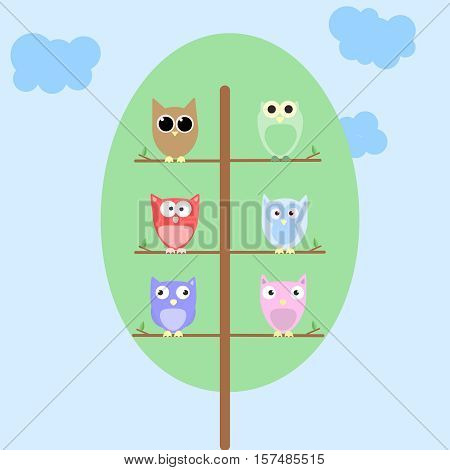 Funny vector background with cartoon owls on tree