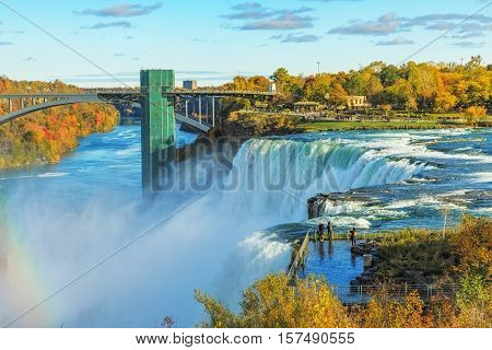 Niagara Falls are three waterfalls that straddle the international border between Canada and the United States