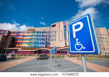 ZWOLLE NETHERLANDS - APRIL 4 2016: Colorful entrance of the Isala hospital. It is the largest non academic hospital in the netherlands with over 1100 beds