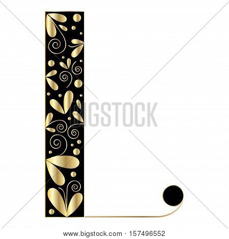 Decorative letter shape. Font type L. Black and gold colors