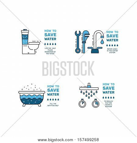 Illustration with tips on saving water consumption by man in a house to reduce financial costs and reduce the amount of accounts with water consumption. Outline icon and symbol saving water.