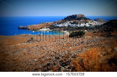 View from hill on the town.Lindos.Greece Rhodes
