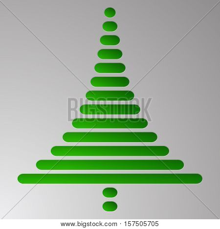 Abstract green christmas tree consist of rectangles with rounded corners on grey gradient background. Embossed Christmas tree to metal background. Greeting card.