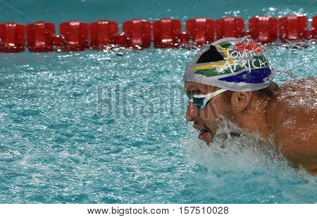 Hong Kong China - Oct 29 2016. South African Olympic and world champion swimmer Chad Le Clos swimming butterfly. FINA Swimming World Cup Preliminary Heats Victoria Park Swimming Pool.