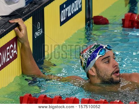 Hong Kong China - Oct 29 2016. South African Olympic and world champion swimmer Chad Le Clos in the finish. FINA Swimming World Cup Preliminary Heats Victoria Park Swimming Pool.