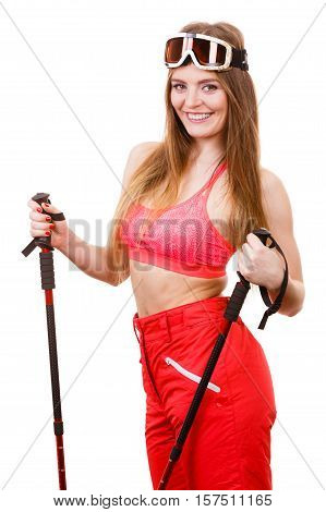Woman Wearing Ski Suit Holding Poles