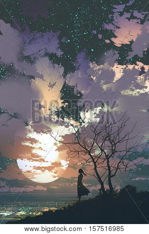 woman standing on top of a mountain against a beautiful sky with big moon, illustration painting