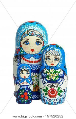 Three traditional Russian matryoshka dolls. Painted matryoshka. Matryoshka blue3 composite.