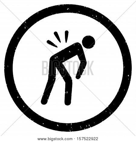 Backache grainy textured icon inside circle for overlay watermark stamps. Flat symbol with dust texture. Circled dotted vector black ink rubber seal stamp with grunge design on a white background.