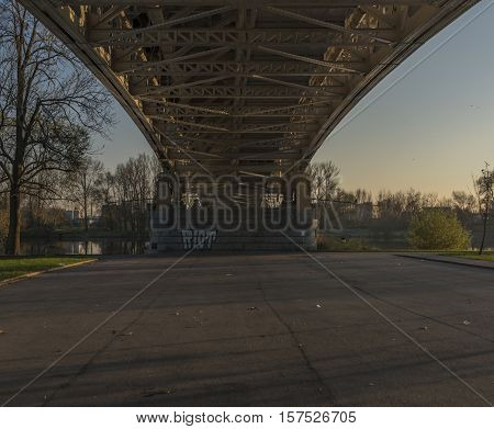 Litomerice bridge with sunset in autumn afternoon