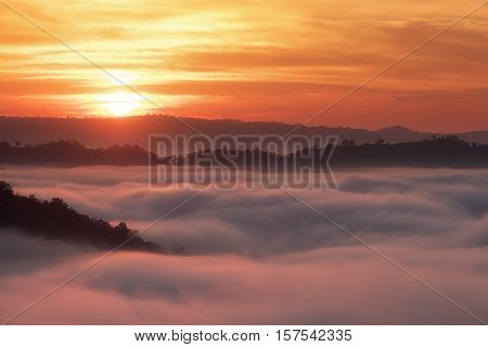 Beautiful sunrise view and sea of clouds from Phuhuayesan in Nong khai provience, Thailand.