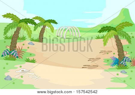 Illustration of a Prehistoric Scene Featuring Palm Trees and Dinosaur Bones