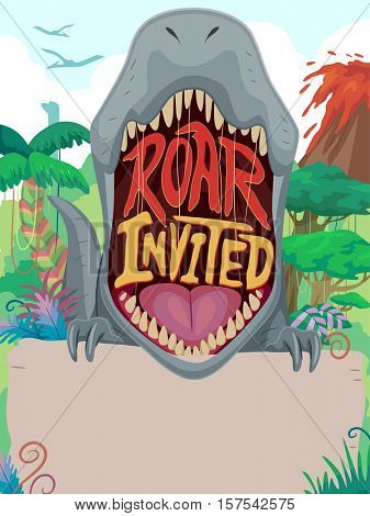 Colorful Illustration Featuring an Invitation Banner Decorated with a Dinosaur and a Prehistoric Landscape