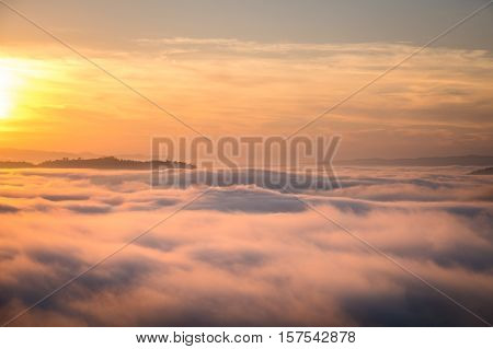 Beautiful sunrise view and sea of clouds from Phuhuayesan in Nong khai provience, Thailand.