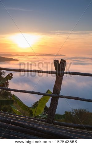 Beautiful sunrise view and sea of clouds from Phuhuayesan in Nong khai provience, Thailand.