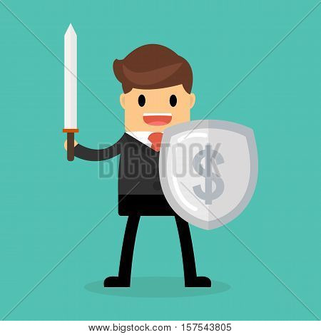 Businessman With Shield And Sword, Business Concept.