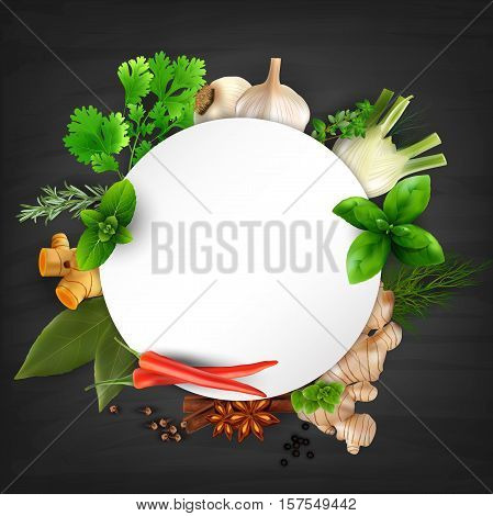 Illustration of Herbs and spices round frame