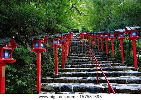 Red Light Poles Continued Staircase Entrance To Kibune-jinja Shrine.