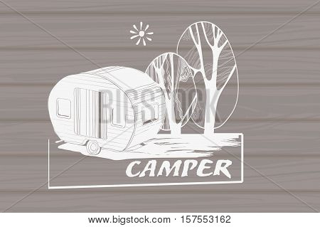 Vector illustration of Vintage Hand Drawn logos design on wood background, Camper trailer, car Recreation transport, Vehicles Camper Vans Caravans Icons, badges, stamp, print, types, sign.