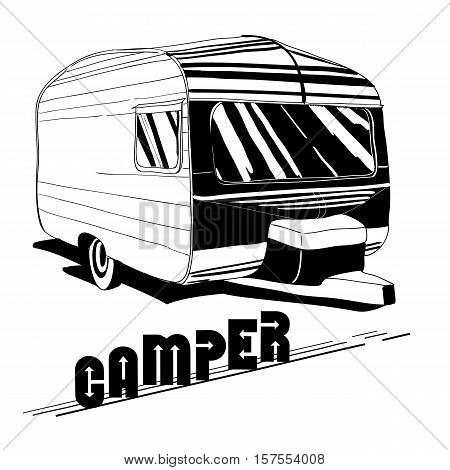 Vector illustration of isolated Hand Drawn, doodle Vintage Camper, car Recreation transport, Vehicles Camper Vans Caravans Icons. Motor home. Object with text.