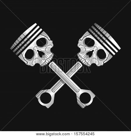 Crossed car engine pistons with skulls. Stock vector illustration. Black and white colors.