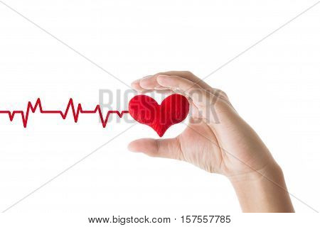 hands holding red heart with ecg line on white background Heart or pulse rate concept.