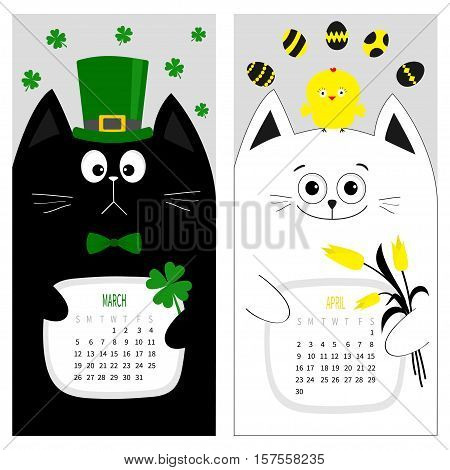 Cat calendar 2017. Cute funny cartoon character set. March April spring month. Green hat tye bow chicken egg. Clover leaf tulip flower. Happy Patricks day Easter Flat design. Gray background. Vector
