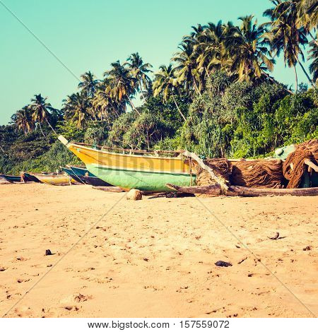 Fishing boats on a tropical beach with palm trees and mangrove in the background