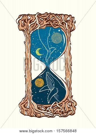 Hourglass tattoo. Whales swim in the hourglass tattoo art mystic time symbol. Blue whale dives into space hourglas tattoo vector illustration