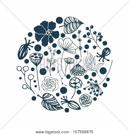 vector set of flowers, herbs and leaves are arranged in a circle, which can be used in invitations, postcards and flyers or logo