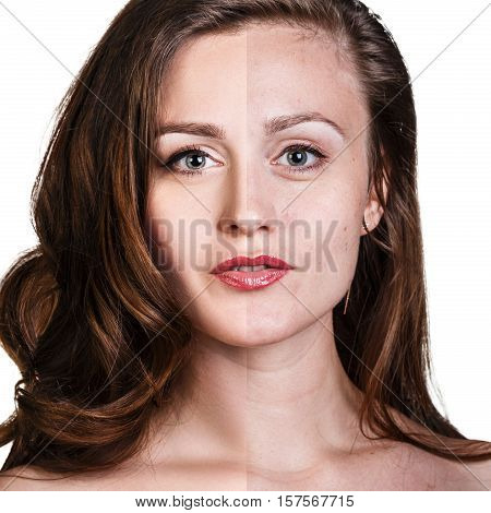 Comparison portrait of young woman before and after retouch