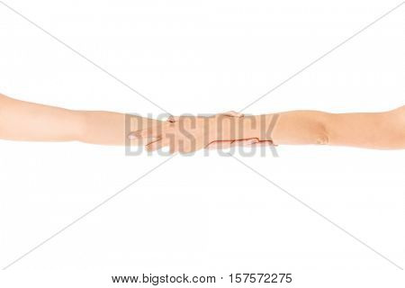 Two woman holding hand, isolated.
