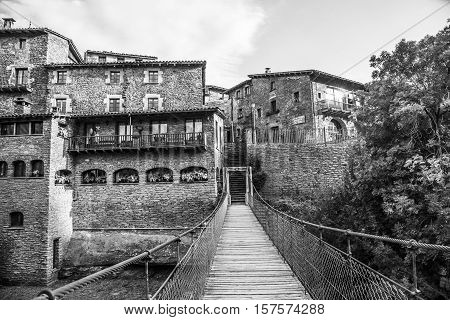 Pendant bridge in Rupit village Catalonia Spain