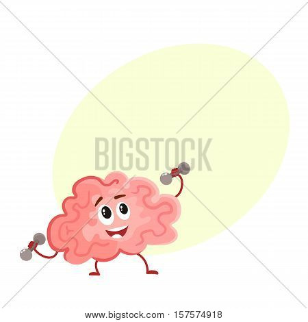 Funny smiling brain training with dumbbells, cartoon vector illustration on yellow background for text. Cute brain character lifting weights as a symbol of education, training and development