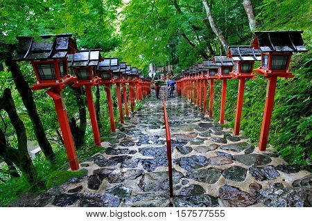 Red Light Poles Continued Staircase Entrance To Kibune-jinja Shrine.