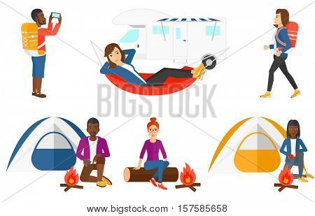 Man kindling a campfire on the background of camping tent. Tourist relaxing near campfire. Man with matches sitting near campfire. Set of vector flat design illustrations isolated on white background.