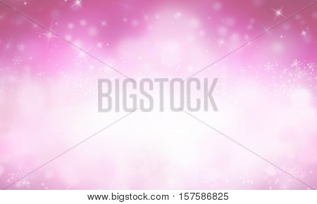 Pink abstract winter background with snow and snowflackes.